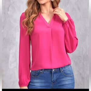 Pleione Pink Blouse Long Puff Sleeve Size Small V-Neck